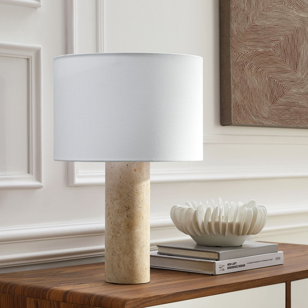 Zenith Travertine Table Lamp With Fabric Drum Shade by Modway