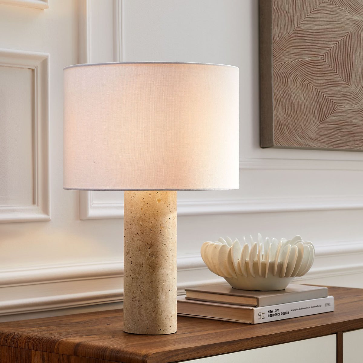 Zenith Travertine Table Lamp With Fabric Drum Shade by Modway